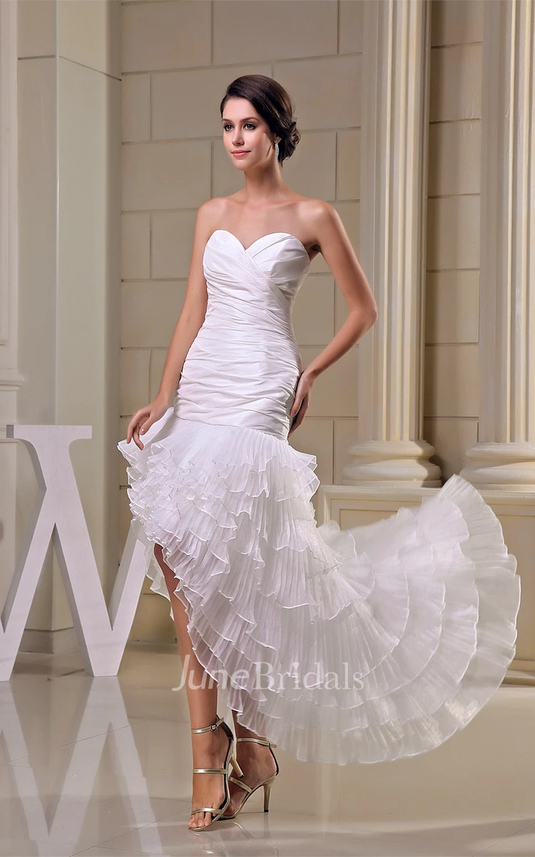 Criss-Cross High-Low Sweetheart Dress with Ruching and Tiers