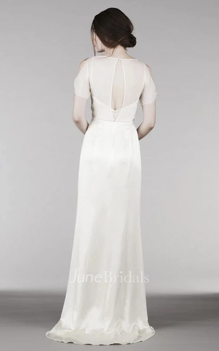 Short Sleeve Elegant Wedding Gown With Illusion Top And Keyholes For Shoulder And Back