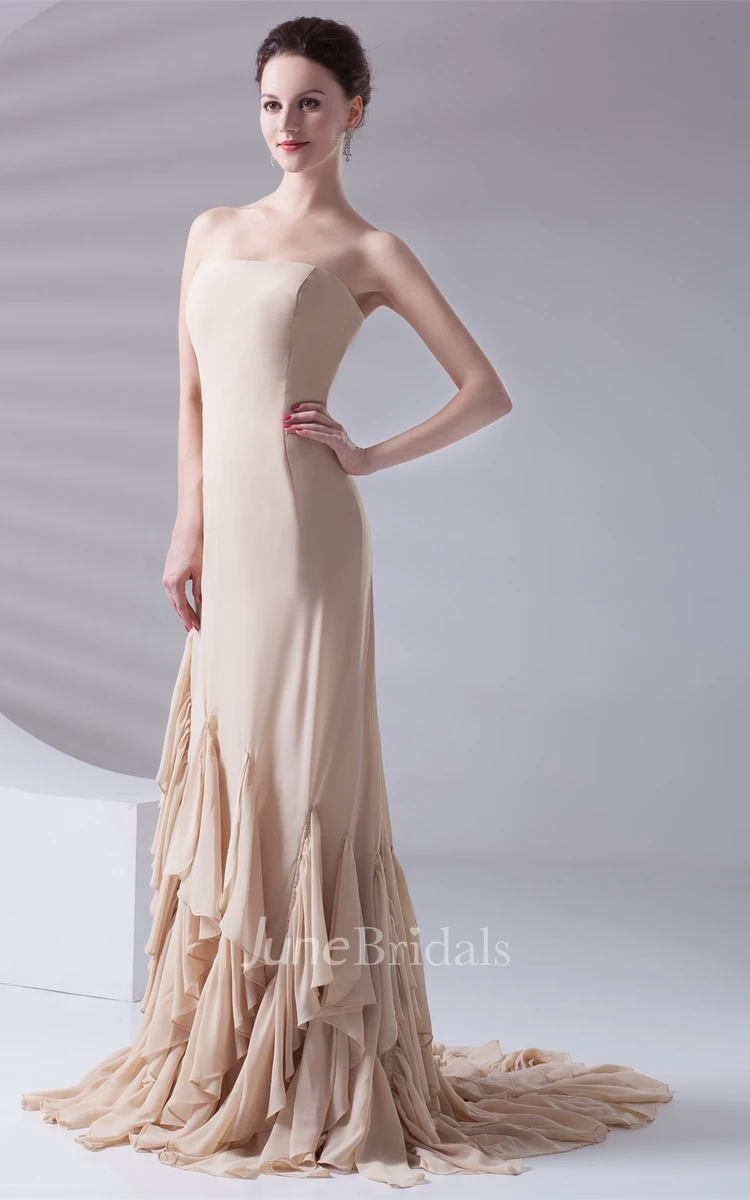 strapless maxi chiffon dress with sweep train and cascading ruffles