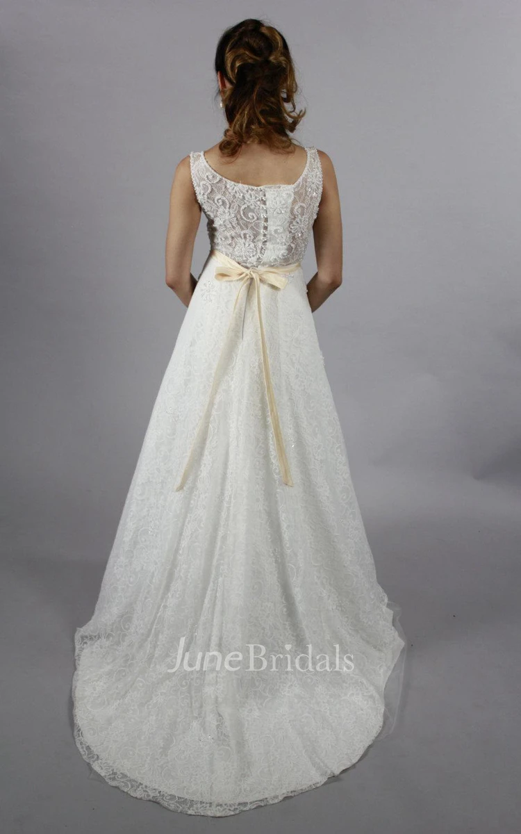 Full Lace Scoop Neck Sleeveless Long A-Line Wedding Dress With Crystal Beaded Waist