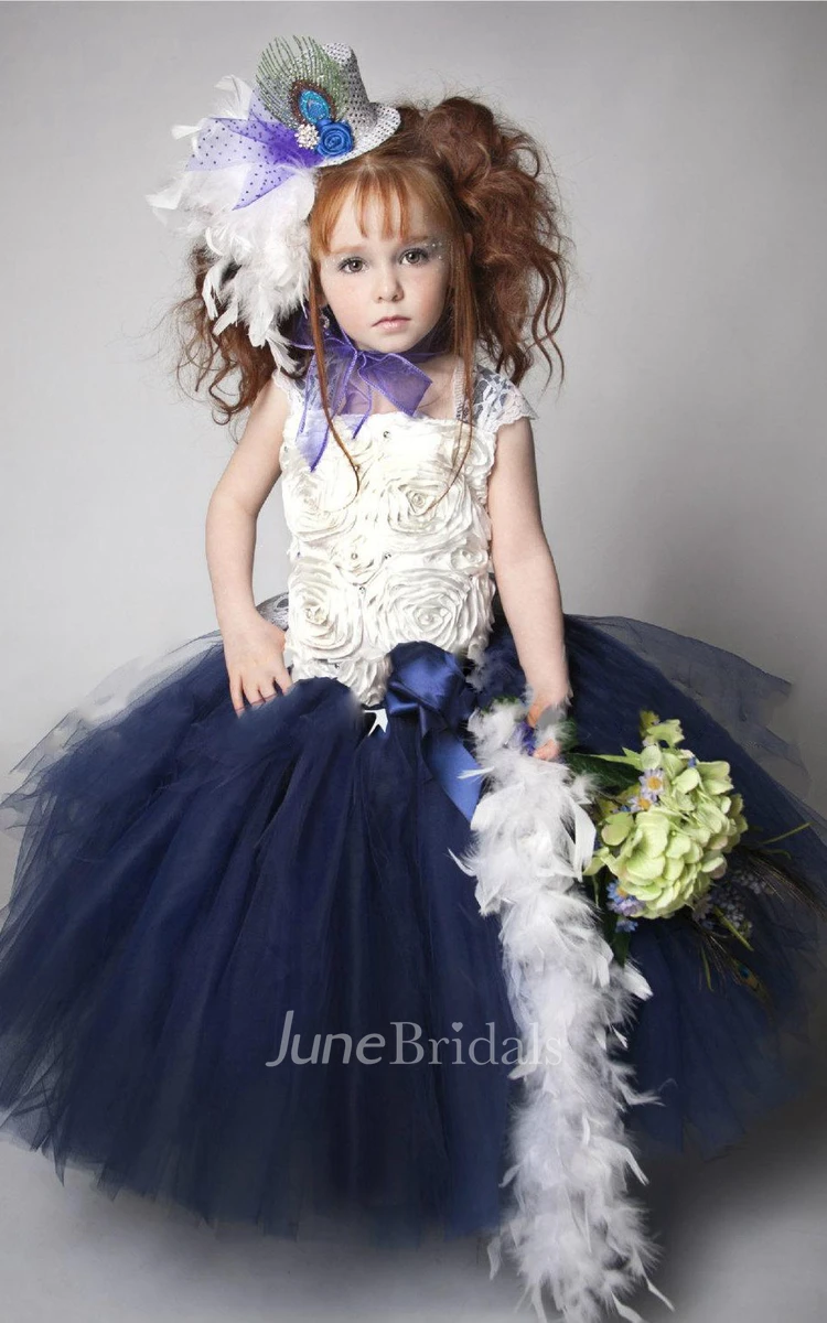 Special Cap Sleeve Tulle Dress With Flower Bodice and Sash Ribbon