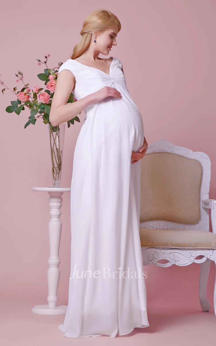 Gorgeous Cap-sleeved Allover Chiffon Sheath Maternity Wedding Dress With V Neck