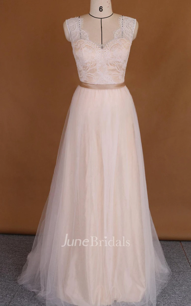V-Neck Tulle Lace Satin Weddig Dress With Appliques