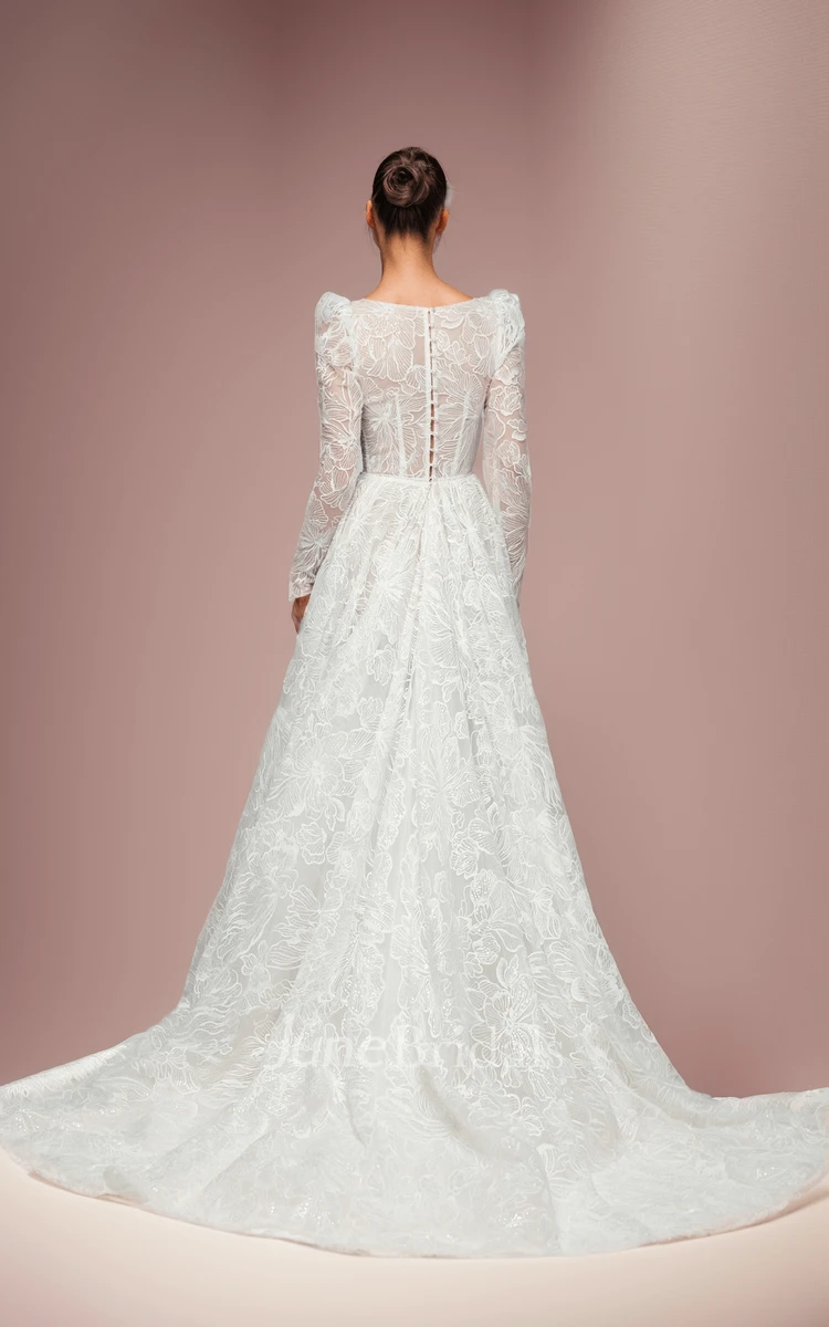 Plunging Neckline A-Line Lace Long Sleeve Wedding Dress Floor-length Button Illusion Back Bridal Gown
