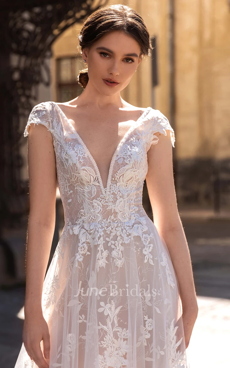 Elegant Floor-length Short Sleeve Lace A Line Deep-V Back Wedding Dress with Ruching