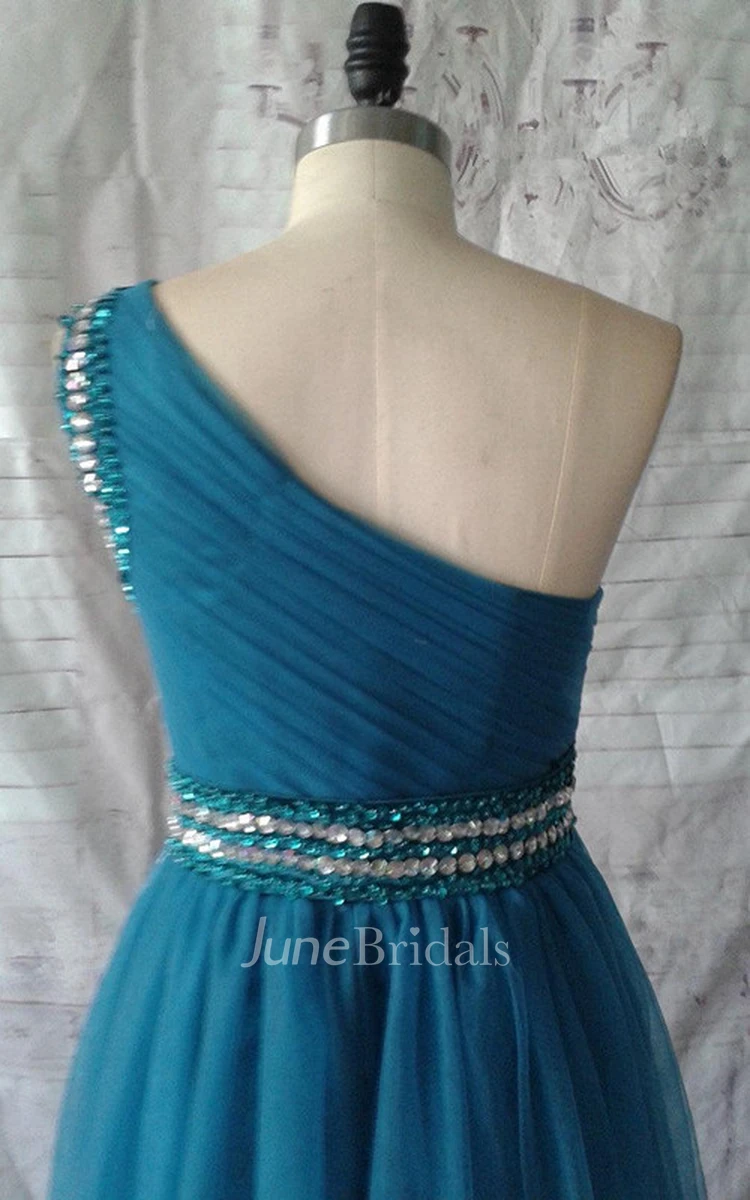 A-line One-shoulder Tulle Dress With Pleats And Beading