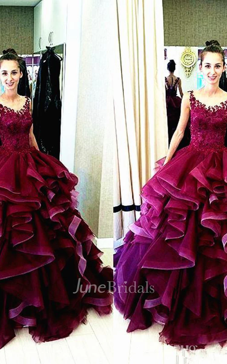 Newest Lace Appliques Ruffles Princess Evening Dress Sleeveless