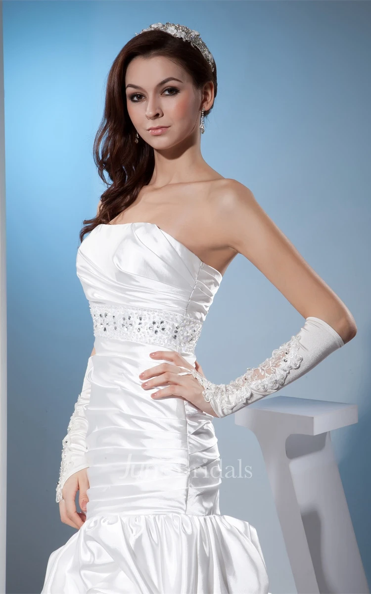 Strapless Mermaid Pick-Up Dress with Ruching and Gemmed Waist