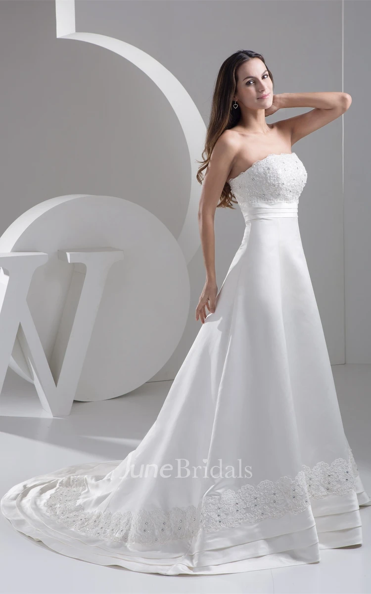 Strapless A-Line Gown with Lace and Ruching