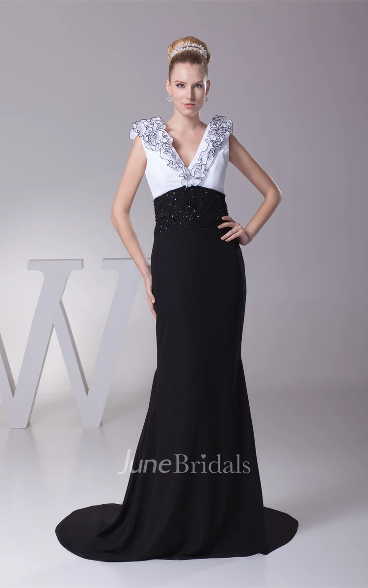 Two-Tone Plunged Sheath Maxi Dress with Beading and Ruffles