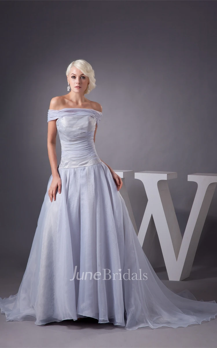 Off-The-Shoulder Ruched A-Line Gown with Pleats and Brush Train