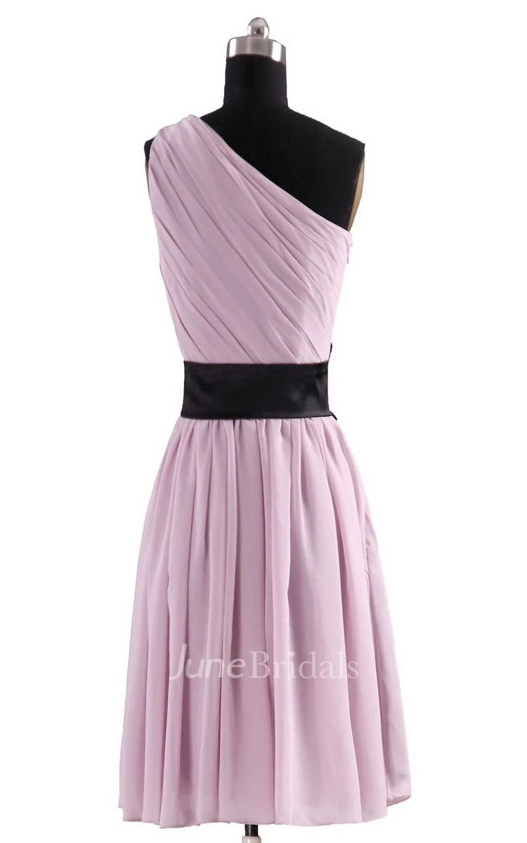 One-shoulder Pleated Chiffon Short Dress With Floral Band