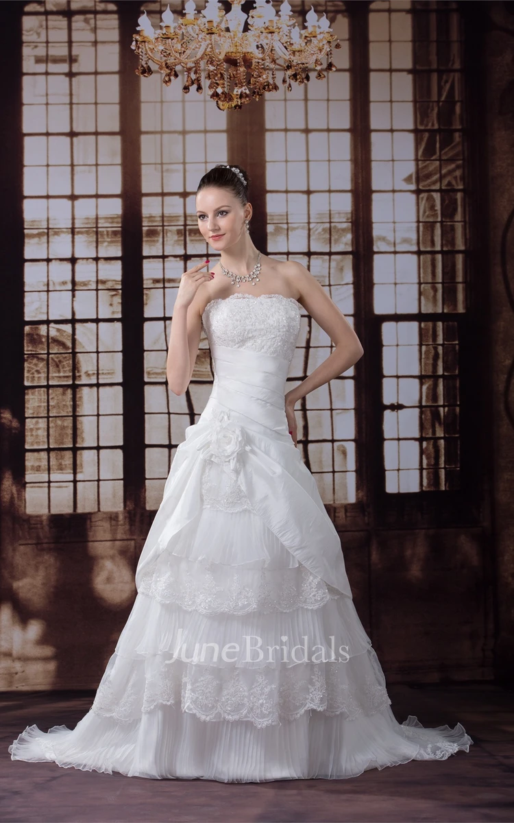 Graceful Beaded Scalloped Edge Strapless A-Line Dress with Tiered Ruffle and Flowers