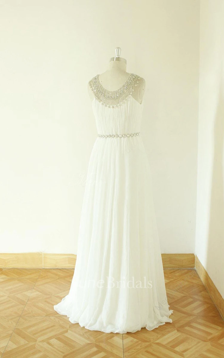 Strapless Long Chiffon Wedding Dress With Crystal Detailing And Pleats