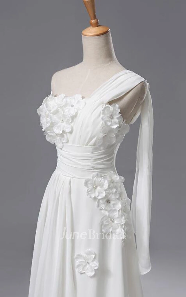 Newest One Shoulder Flowers Wedding Dress A-line Chiffon