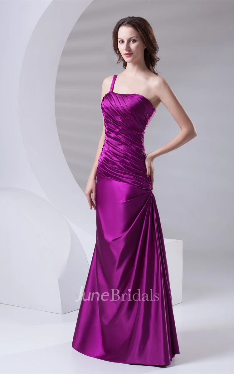 Satin Ruched A-Line Maxi Dress with Single-Strap Design