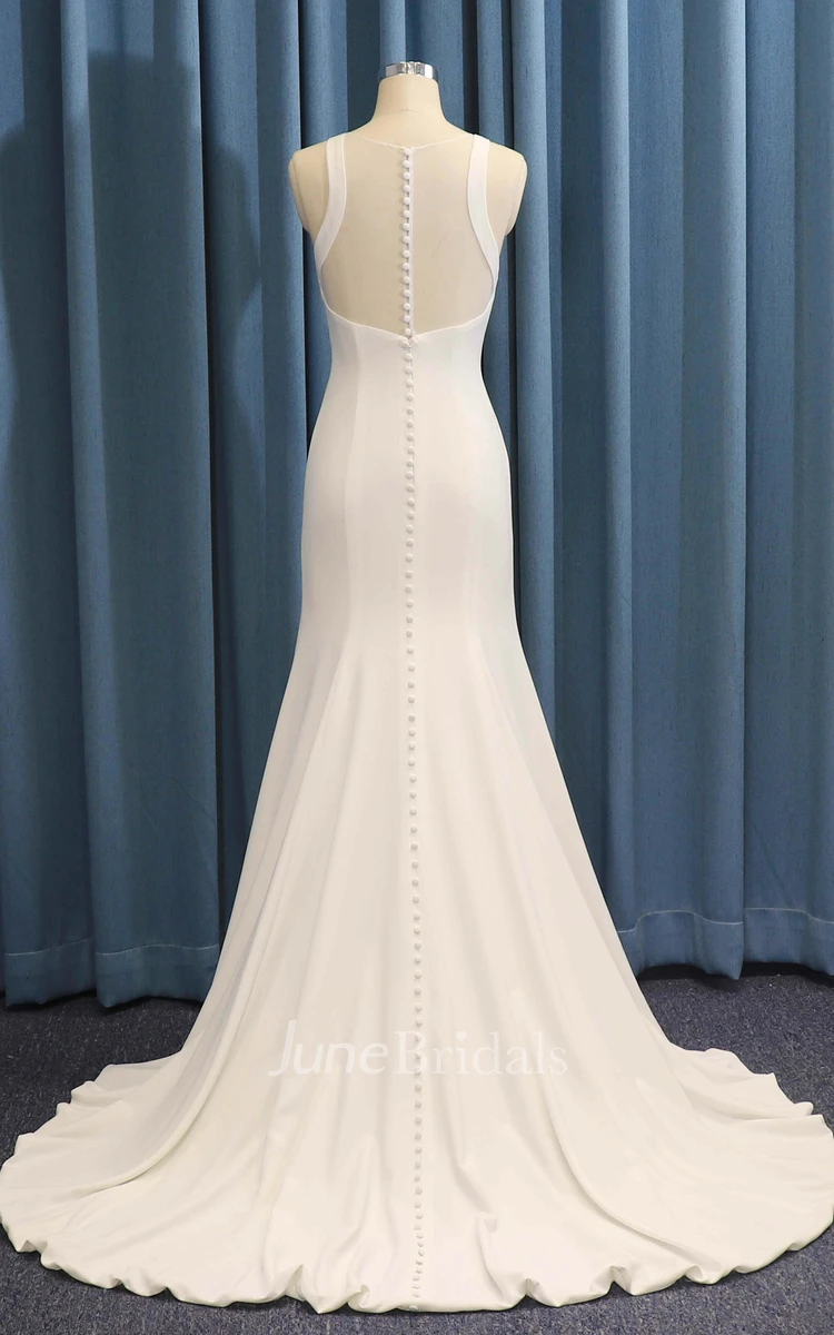 Satin Ruching Sleeveless Jewel Neck Mermaid Wedding Dress With Illusion Back With Buttons