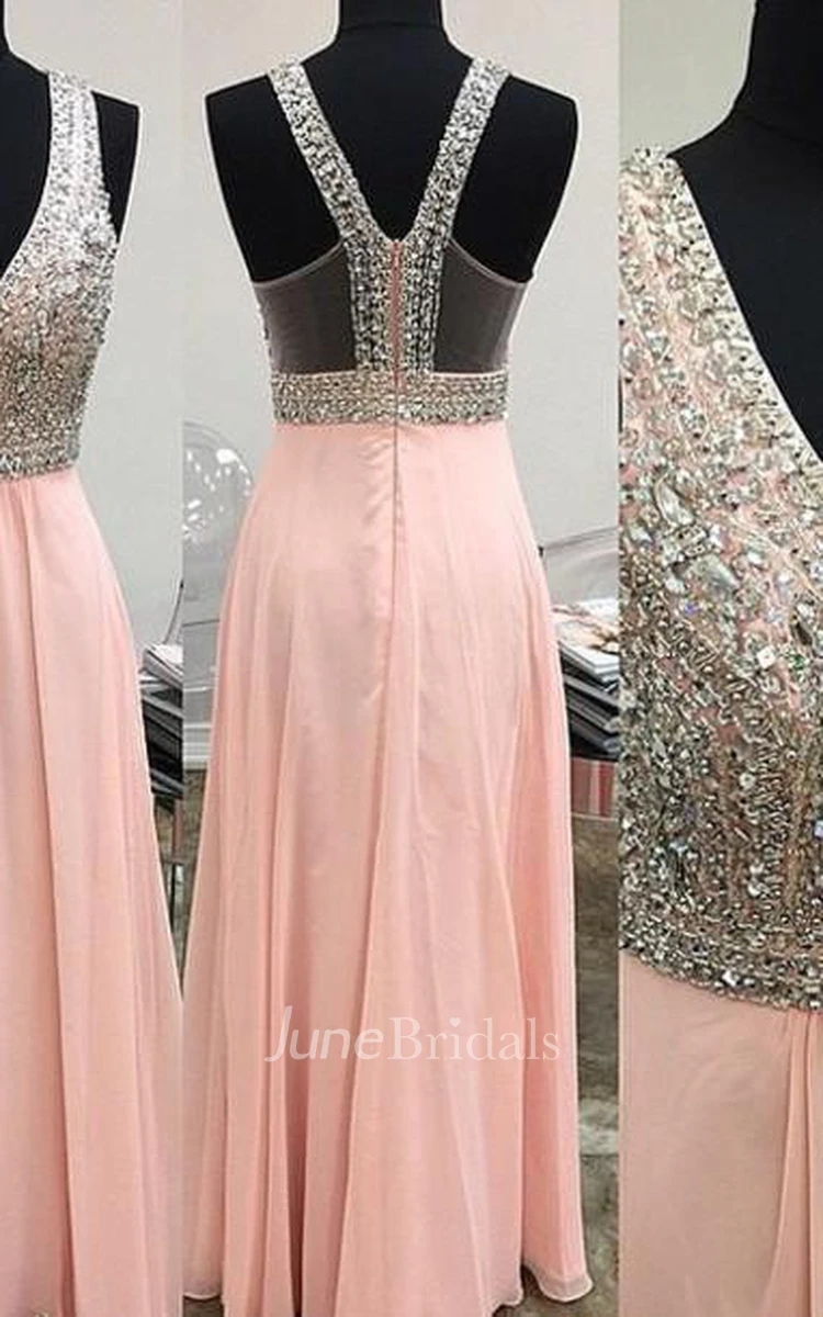 Lovely Pink Halter Prom Dress Long Chiffon With Beaidngs