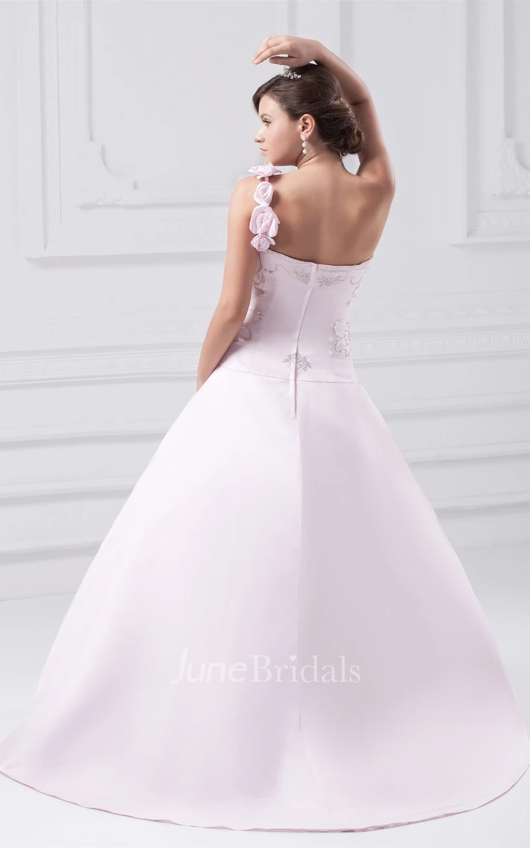 Single-Strap Sweetheart Embroidered Ball Gown with Flower