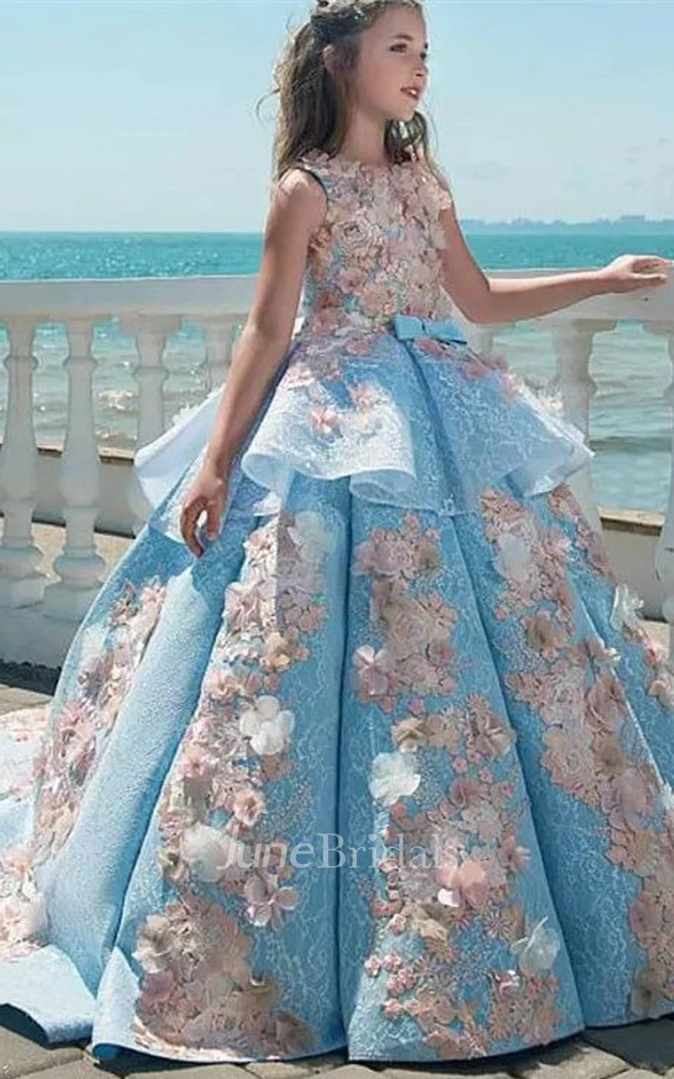 Floral Ball Gown Bateau Sleeveless Ruched Low-V Back Flower Girl Dress