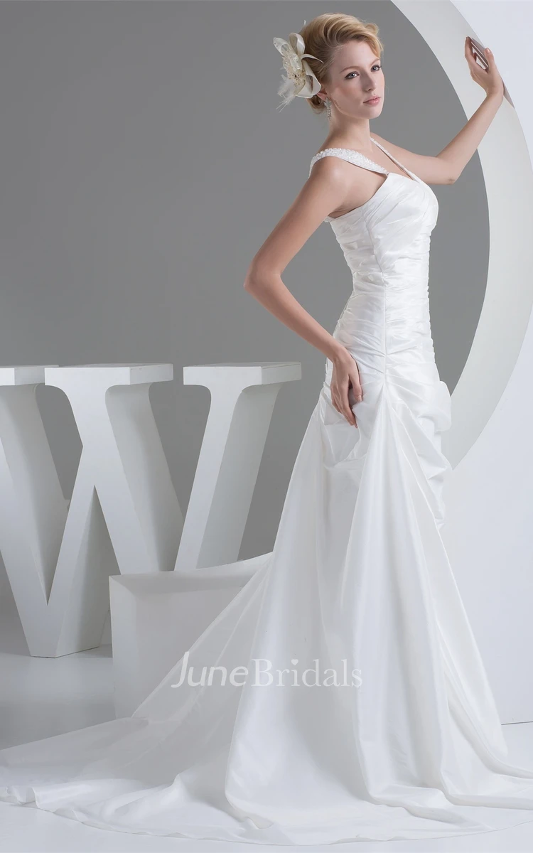 Notched Sleeveless Pick-Up A-Line Gown with Beaded Straps