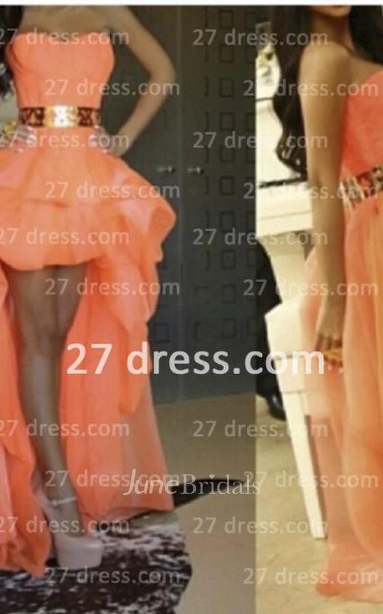 Sexy A-line Long Prom Dresses Sweetheart Asymmetrical Gold Belt Girls Hi-lo Evening Gown