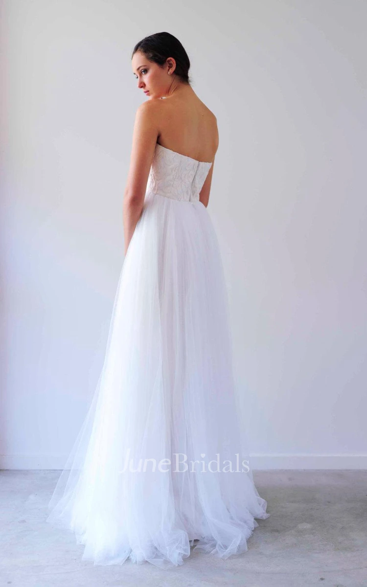 Notched Neck Long Tulle Wedding Dress With Pleats And Empire Waist
