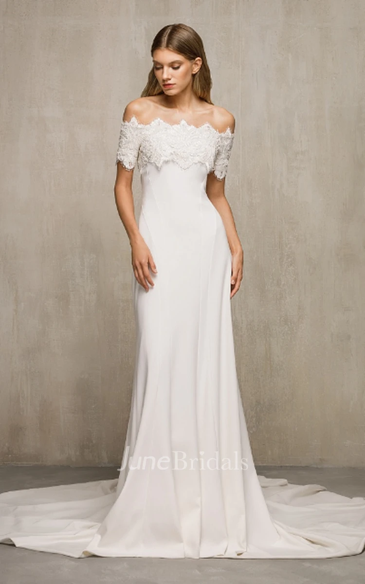 Simple Trumpet Charmeuse Scalloped Wedding Dress With Short Sleeve And Open Back