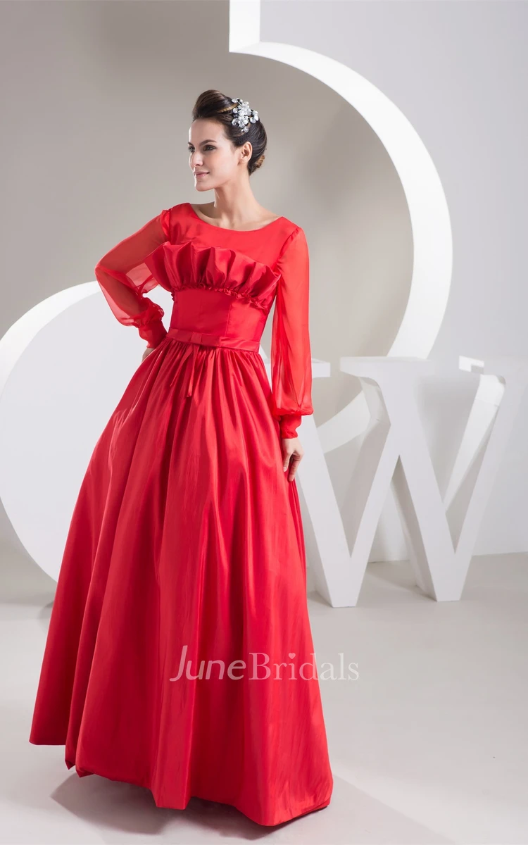 Long-Sleeve Floor-Length A-Line Gown with Bow and Pleats
