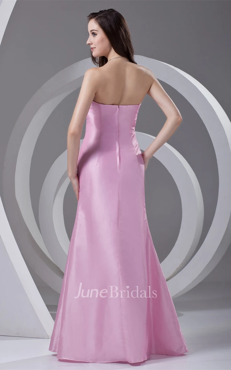 strapless sheath satin gown with criss-cross ruching and rhinestone