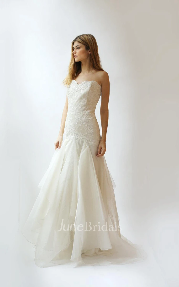 Lace Long Wedding Dress With Dropped Waist and Ruffles