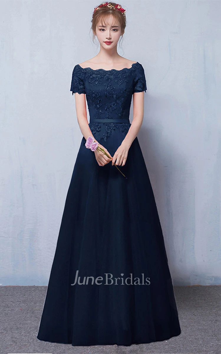 Satin Lace Off-the-shoulder Floor-length Formal Dress With Appliques