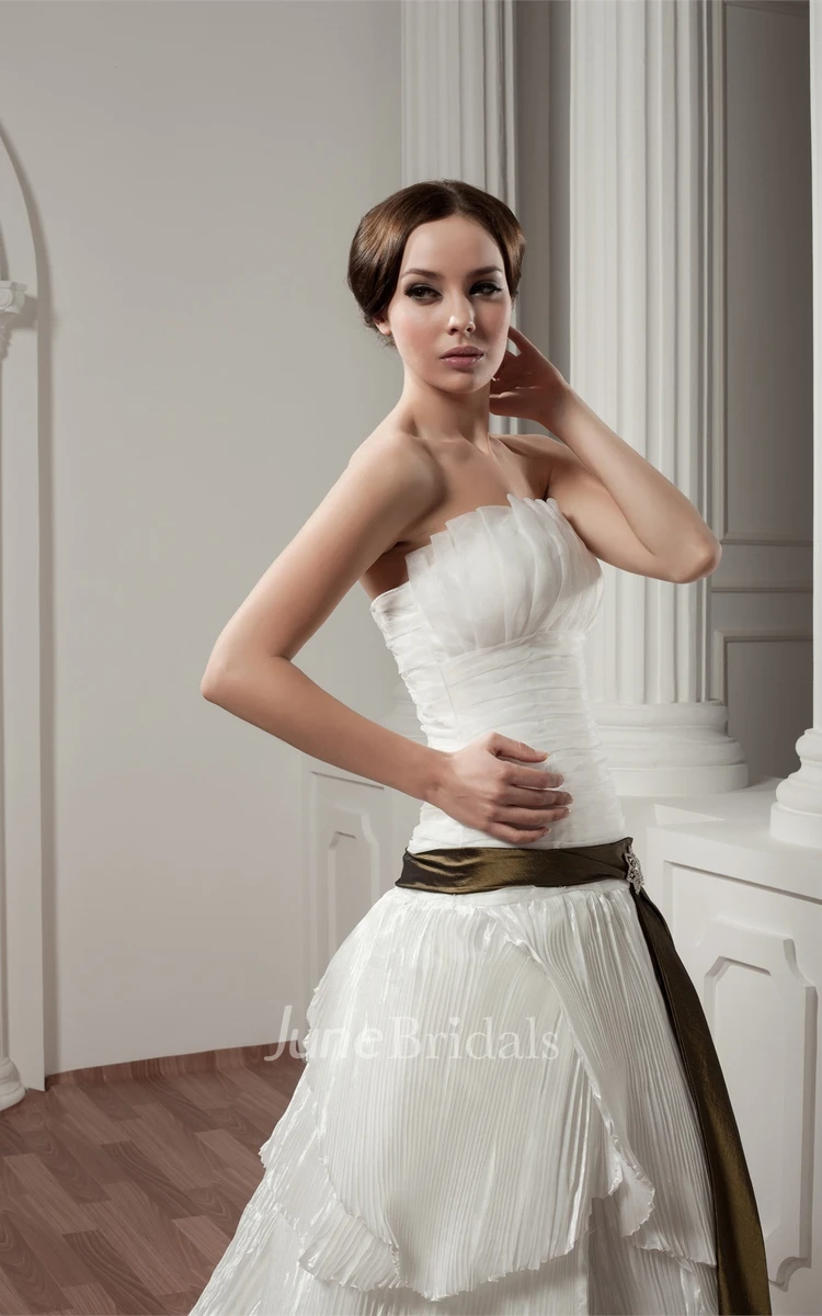 Strapless Ruched A-Line Gown with Tiers and Ribbon