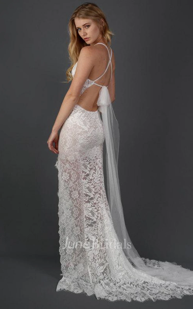 Halter Scalloped Lace Weddig Dress With Illusion