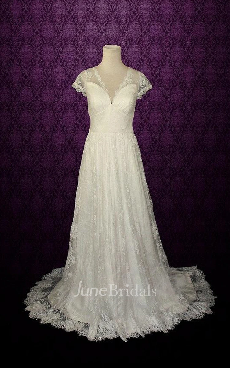 V-Neck Cap Illusion Back Lace Wedding Dress With Pleats And Sash
