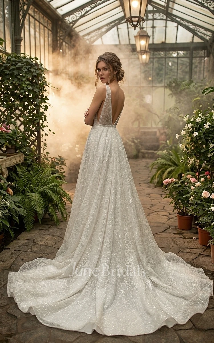 Sparkly A-Line Sleeveless Wedding Dress Beach Deep-V Neckline Informal Gown