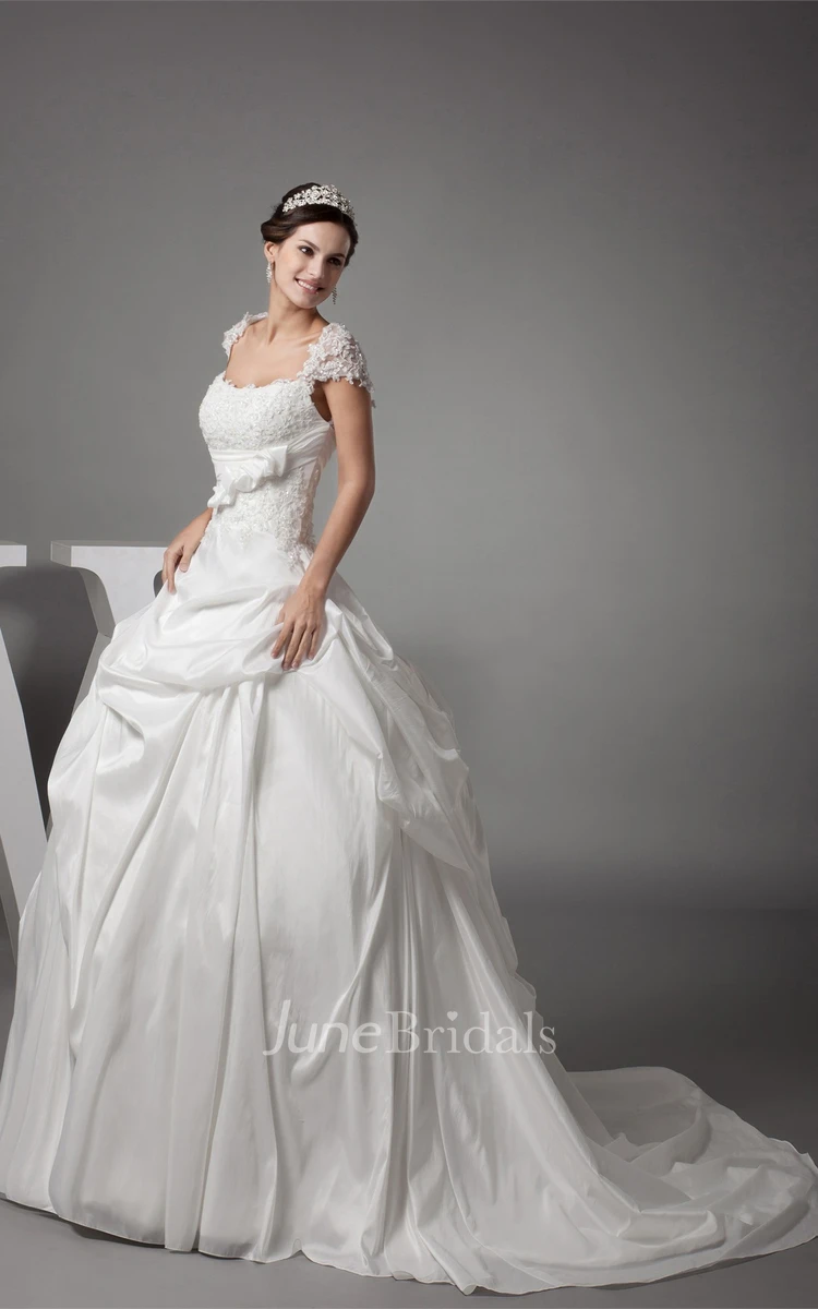 Caped-Sleeve Appliqued Pick-Up Gown with Flower and Ruching