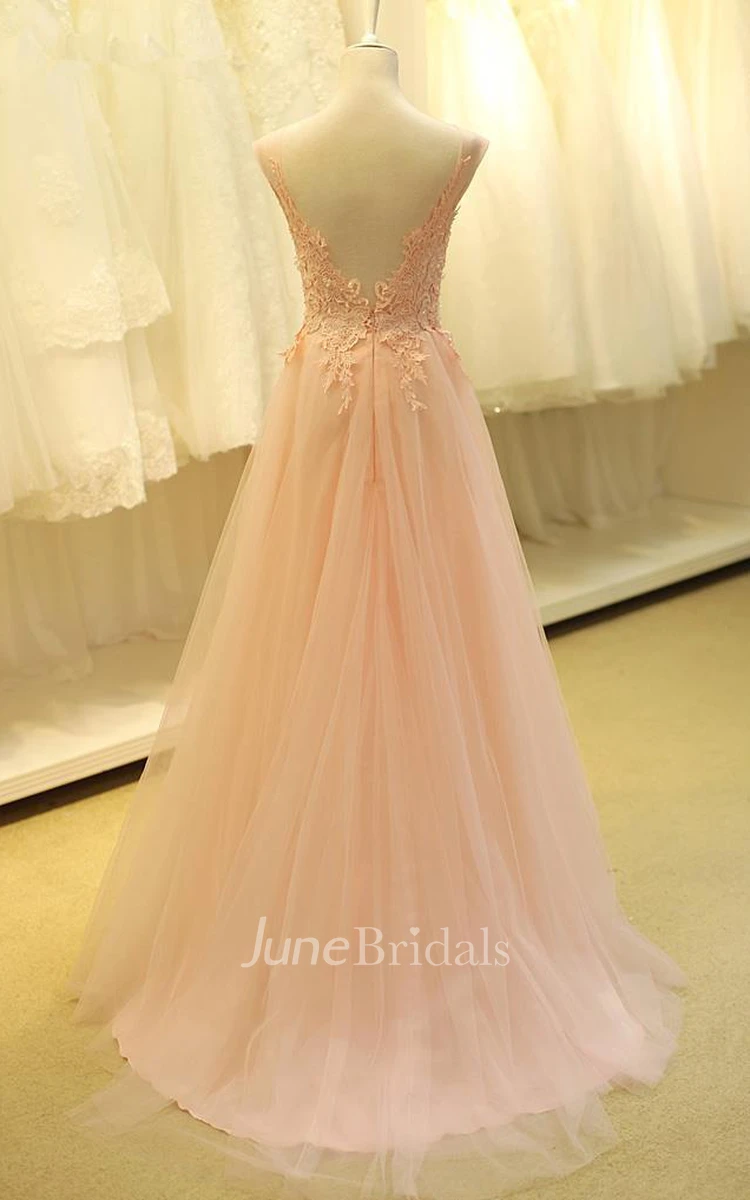 Lovely Color Cap Sleeve Tulle Prom Dress With Lace Appliques