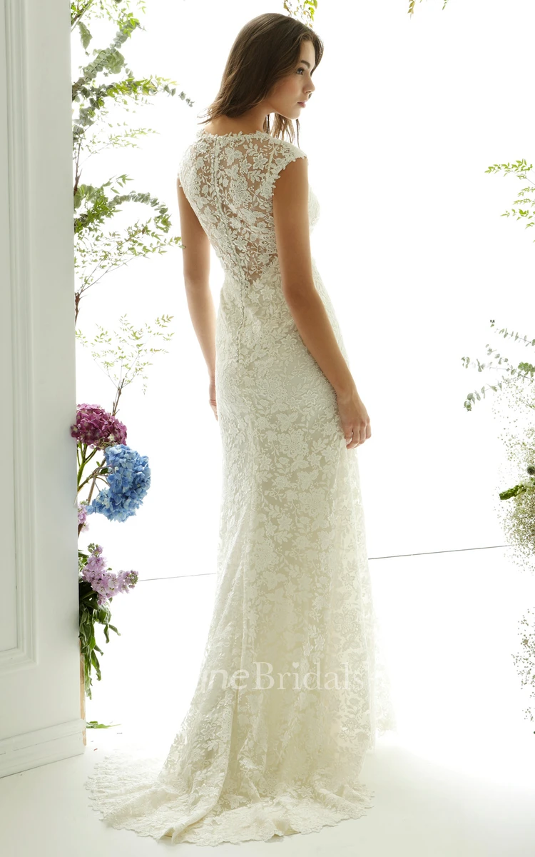Floor-Length V-Neck Cap-Sleeve Lace Wedding Dress With Brush Train And Illusion
