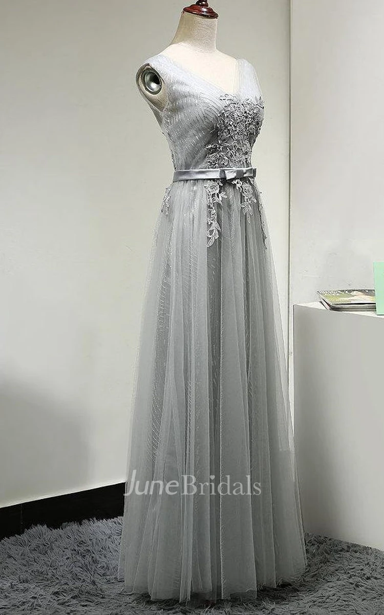 V Neck V Back Cap Sleeve A-line Pleated Tulle Long Dress With Applique and Belt