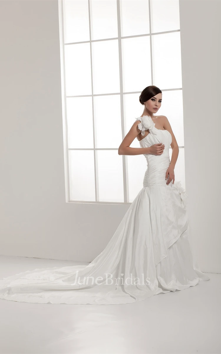 One-Shoulder Ruched A-Line Gown with Flower and Single Strap