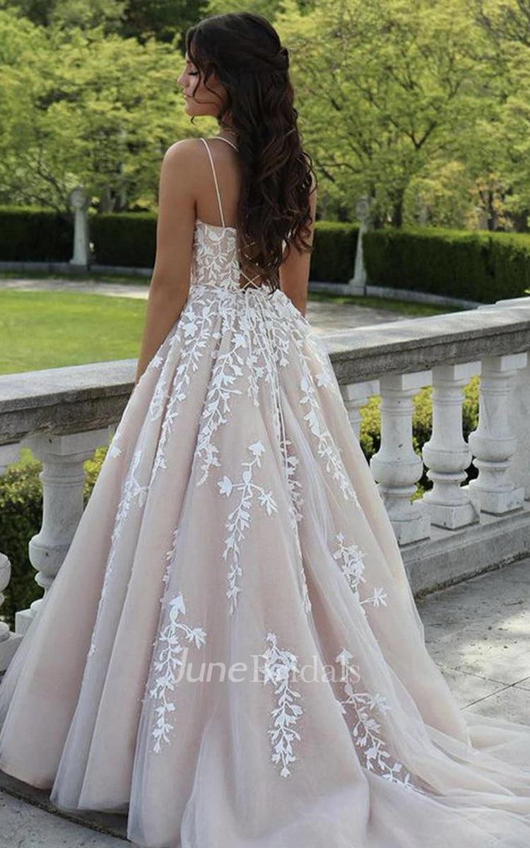 Adorable A Line Tulle Spaghetti Sleeveless Prom Dress with Appliques and Ruffles