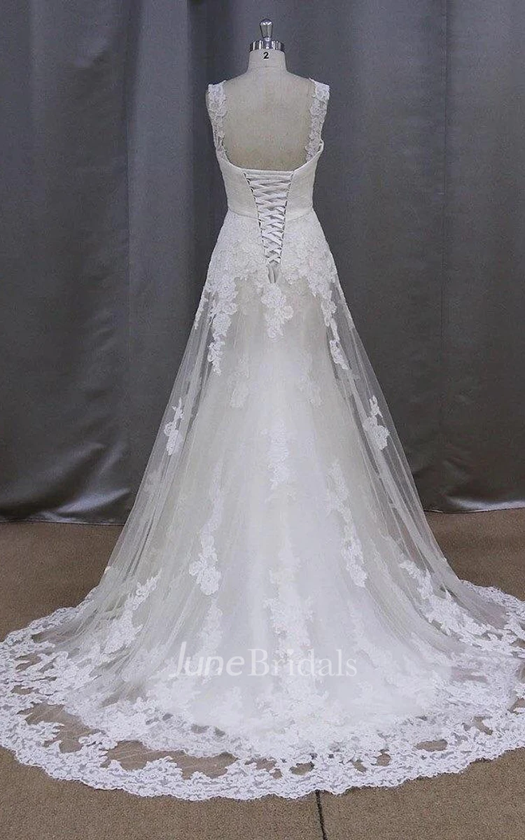 Long Sleeveless A-Line Lace Wedding Dress With Empire Waist
