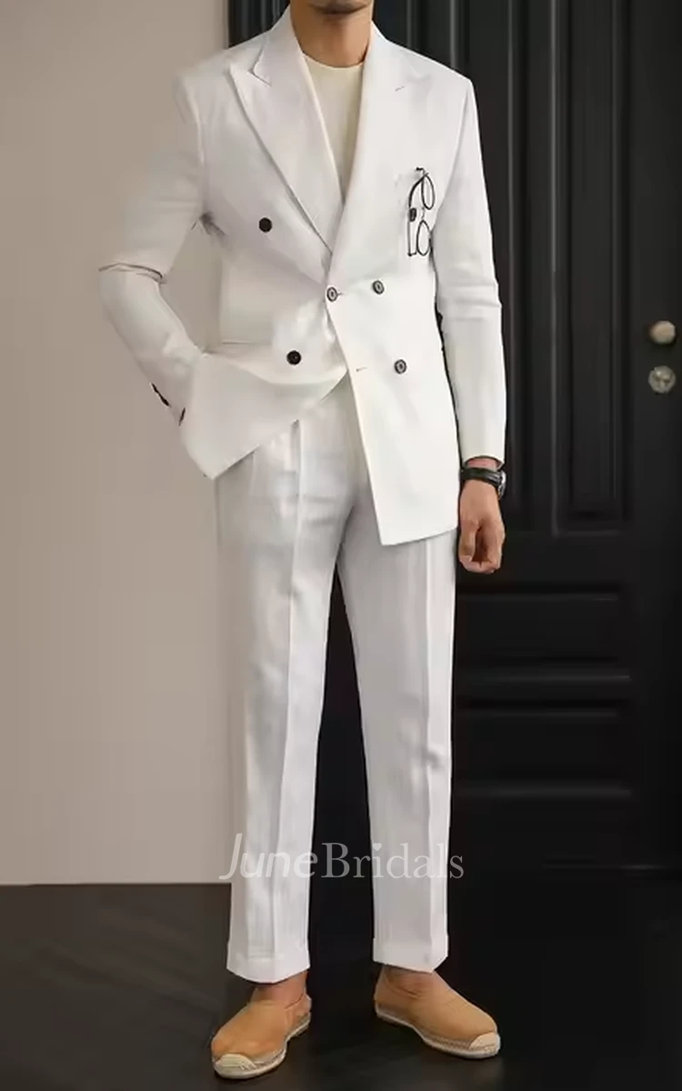 Modern White Two-Piece Tuxedo Wedding Suits Beach Fashion Peaked Lapels Double-Breasted Groom Tuxedo Blazer Jacket Pants