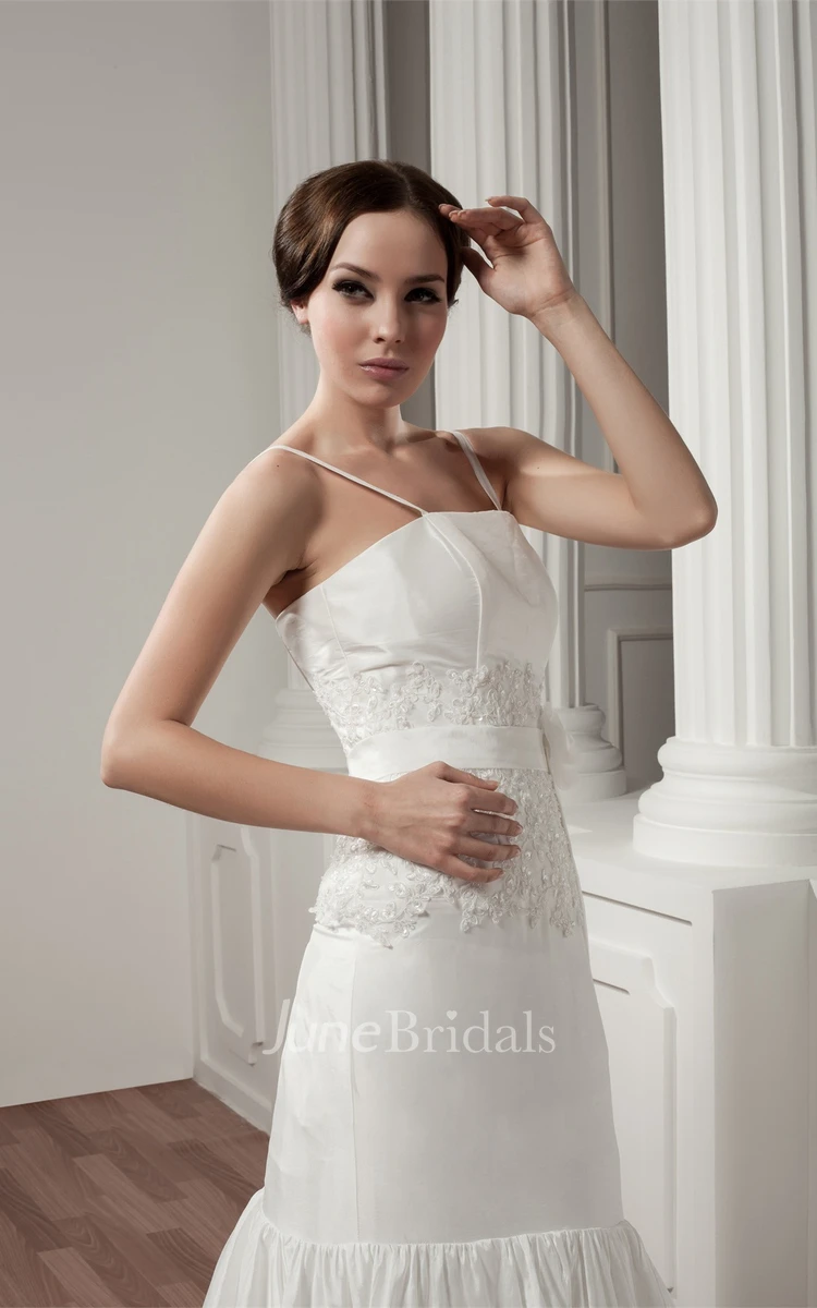 Spaghetti-Strap A-Line Tiered Dress with Appliques and Flower