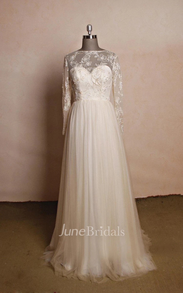 Jewel Neck Long Sleeve A-line Tulle Wedding Dress With Lace Bodice