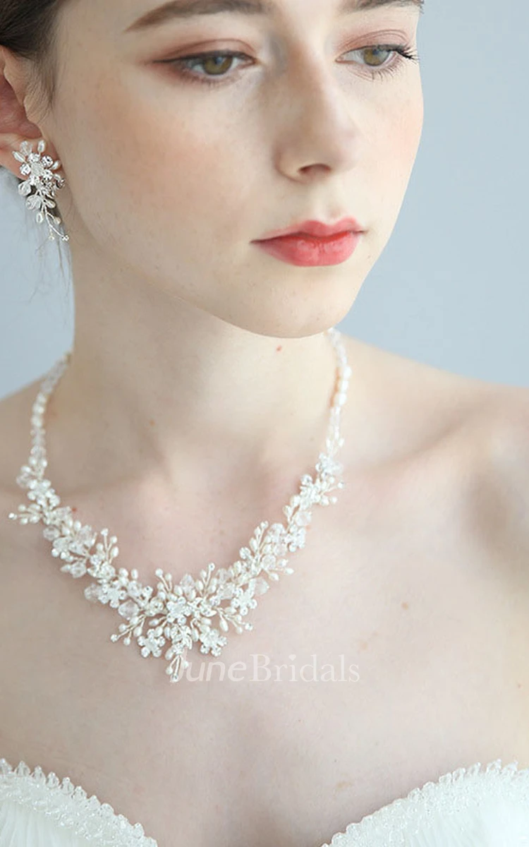 Elegant Silver Bridal Rhinestone Pearl Necklace and Earrings and Crown