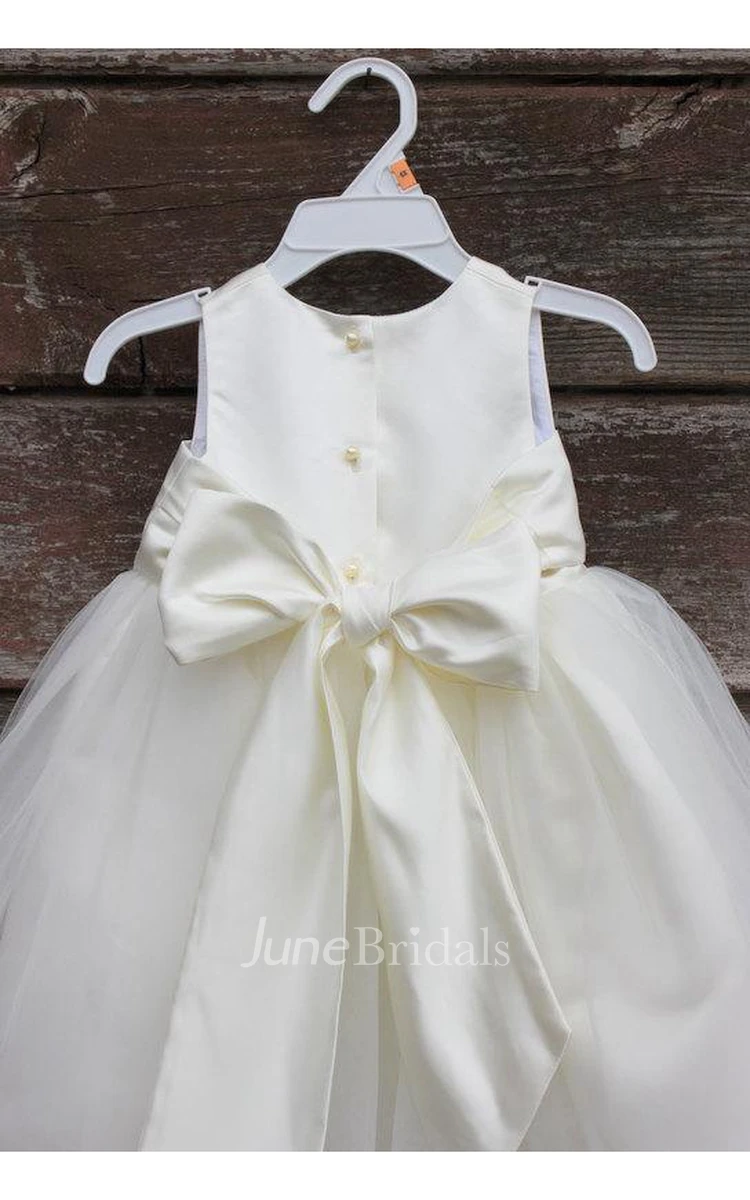Ivory Petals Sleeveless Jewel Neck Tulle Toddler Dress With Elegant Bow Sash