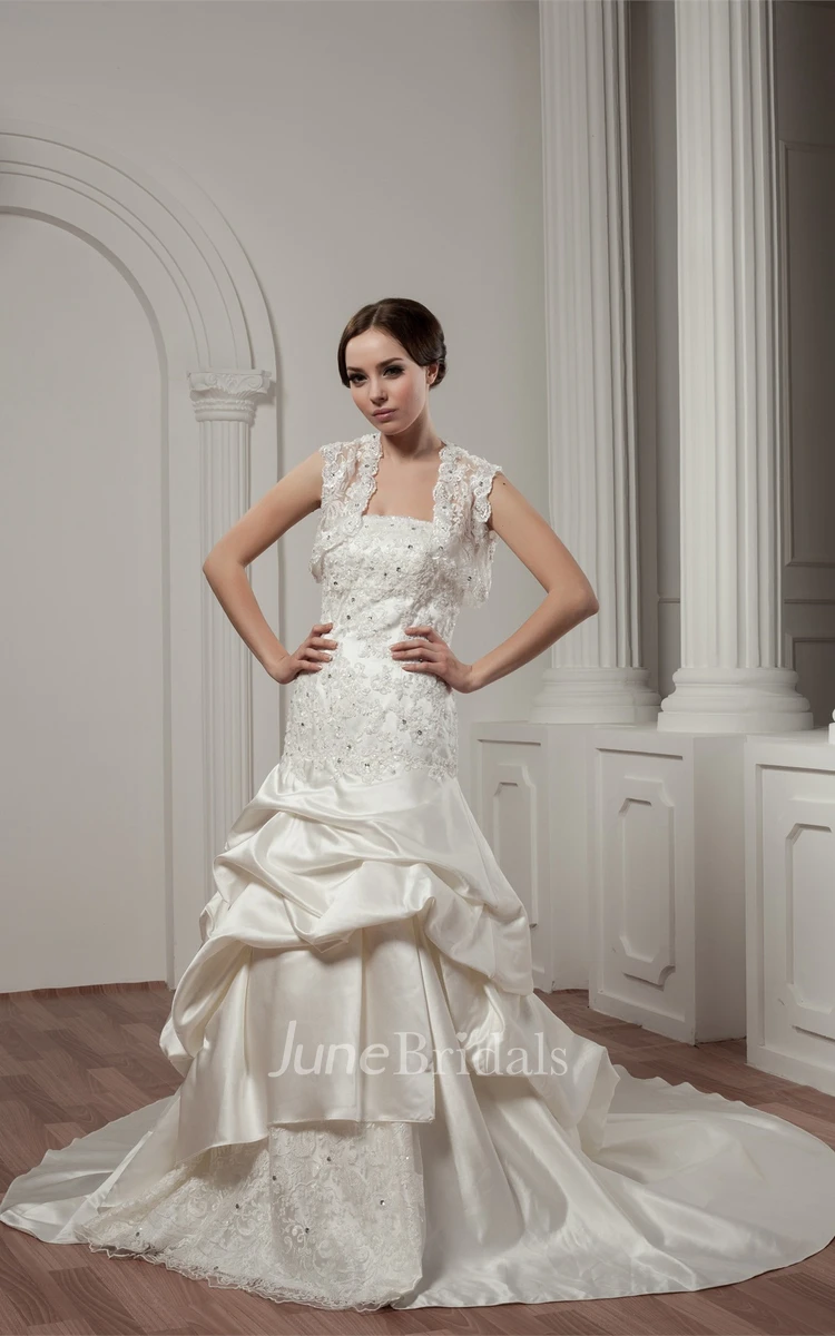 Long-Sleeve Pick-Up Lace Appliques Dress with Beading and Bolero