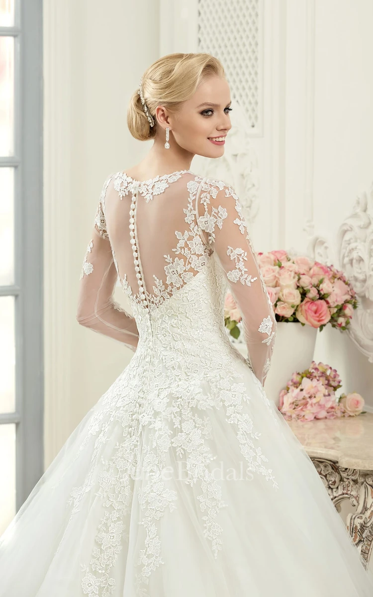 Ball Gown Floor-Length Bateau Long-Sleeve Illusion Tulle Lace Dress With Appliques